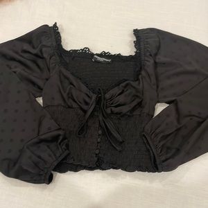 Square neck black long sleeve polka dot shirt, silky material!